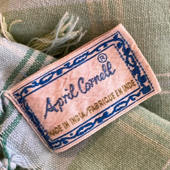 Vintage April Cornell Square Green/Blue Plaid Fringed Tablecloth 48" x 48" - Picture 3 of 7